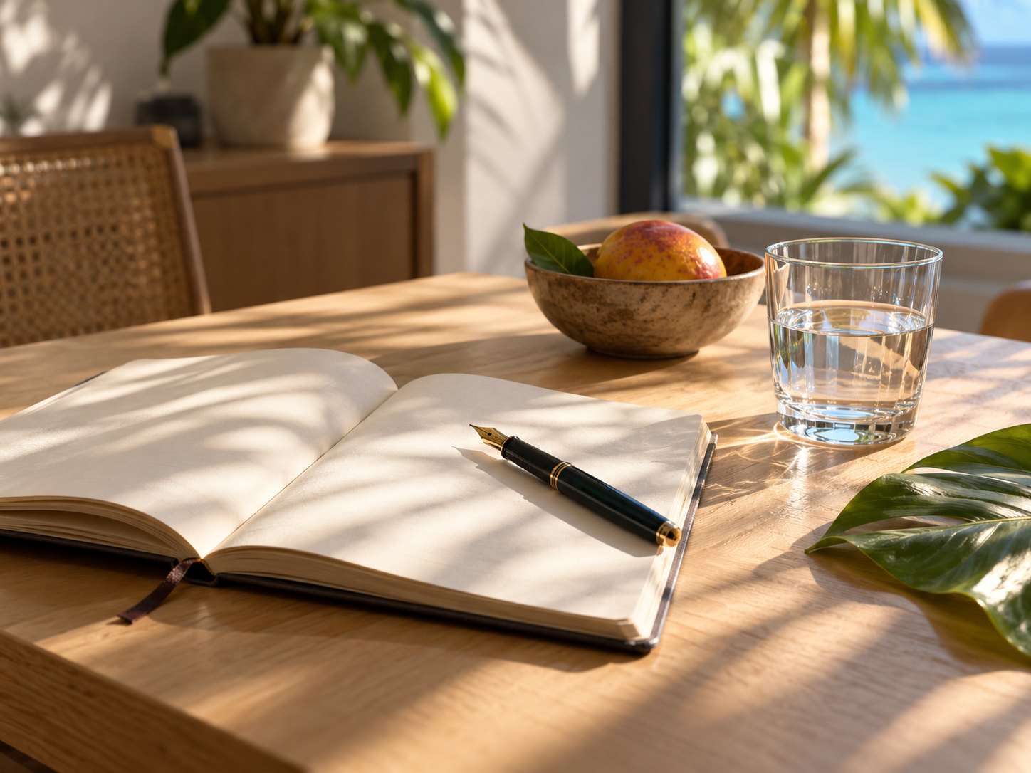 Carnet ouvert, verre d'eau et fruits dans la lumière tropicale